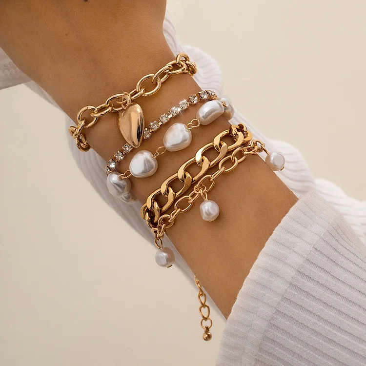 Baroque Style Heart Pearl Chain Bracelet Set