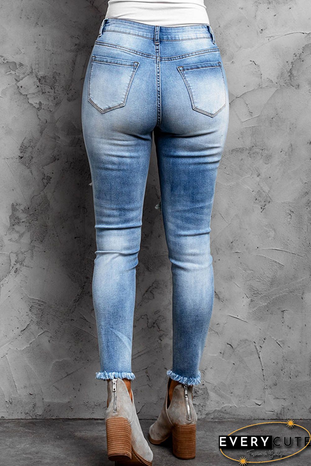 Plaid Patchwork Skinny Fit High Waist Distressed Jeans