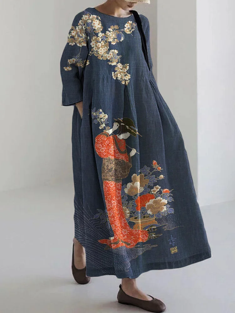 Bedrucktes V-Ausschnitt Elegantes schickes langes, langärmliges Maxi kleid