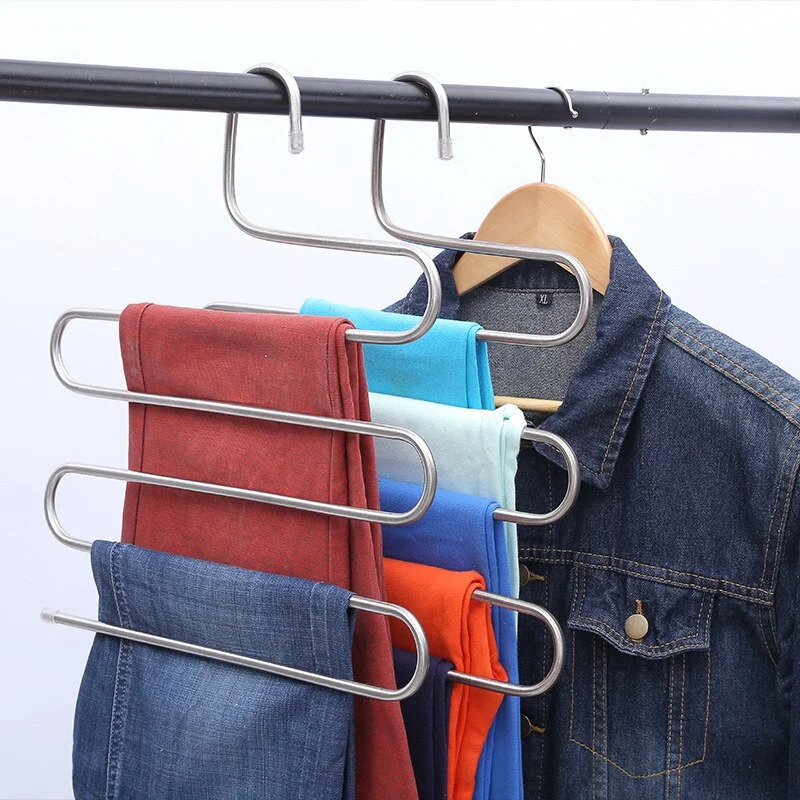 Stainless steel trouser rack 2pcs S-shaped multi-layer wardrobe hanger trouser clip clothing storage magic hanger