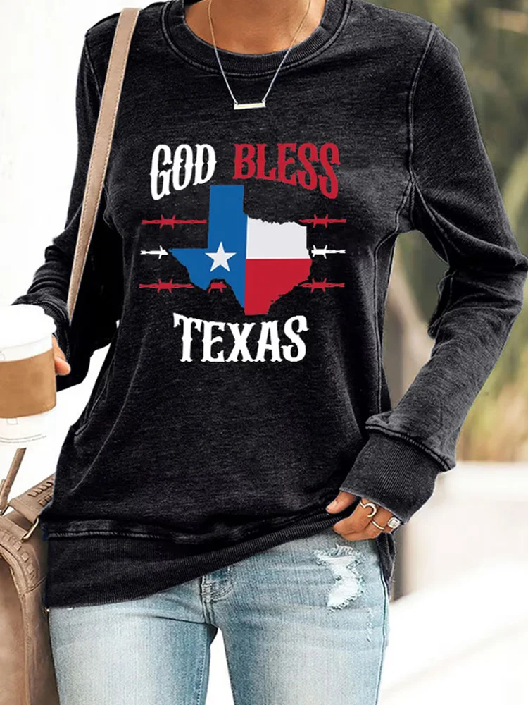 VChics Retro Texas Strong God Bless Texas Print Sweatshirt