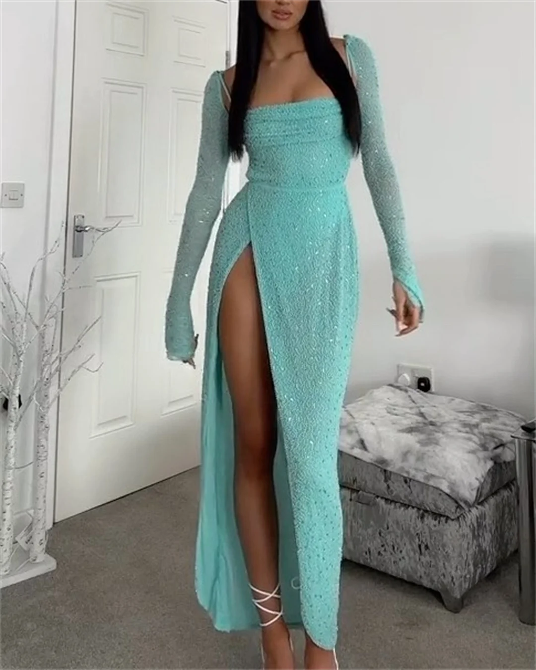 Women's Long Sleeve Square Neck Slit Sequin Dress