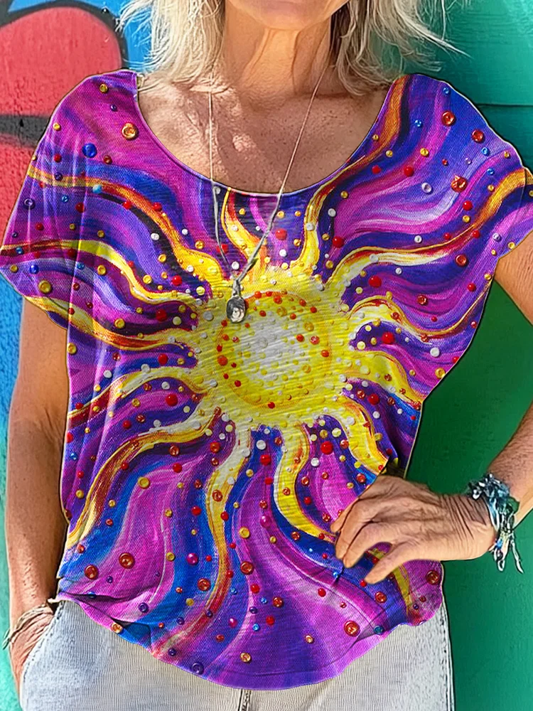 Hippie Sunflower Art Print 100%Cotton Crew Tee T-Shirt
