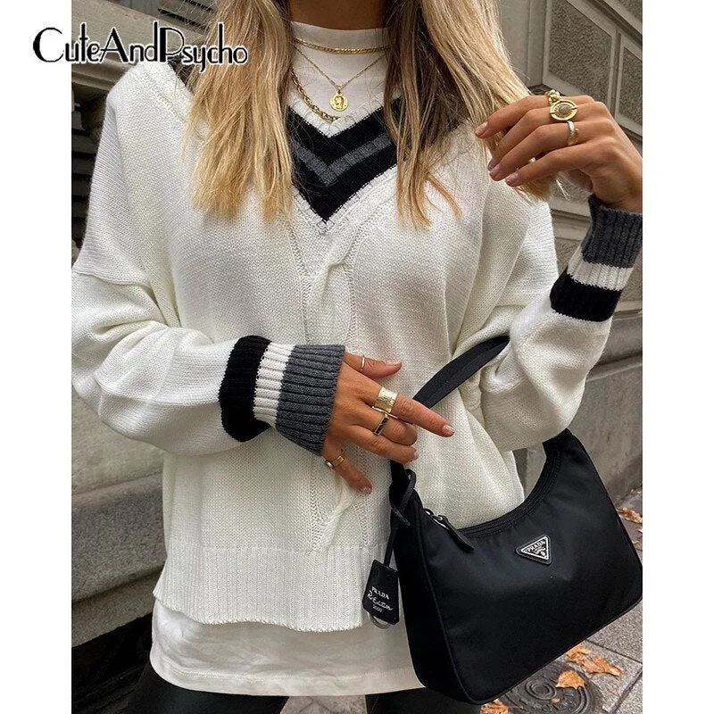 Preppy Style V-neck y2k Sweaters for Women Vintage Oversized Striped Knitted Pullovers Korean Fashion Harajuku Top Cuteandpsycho