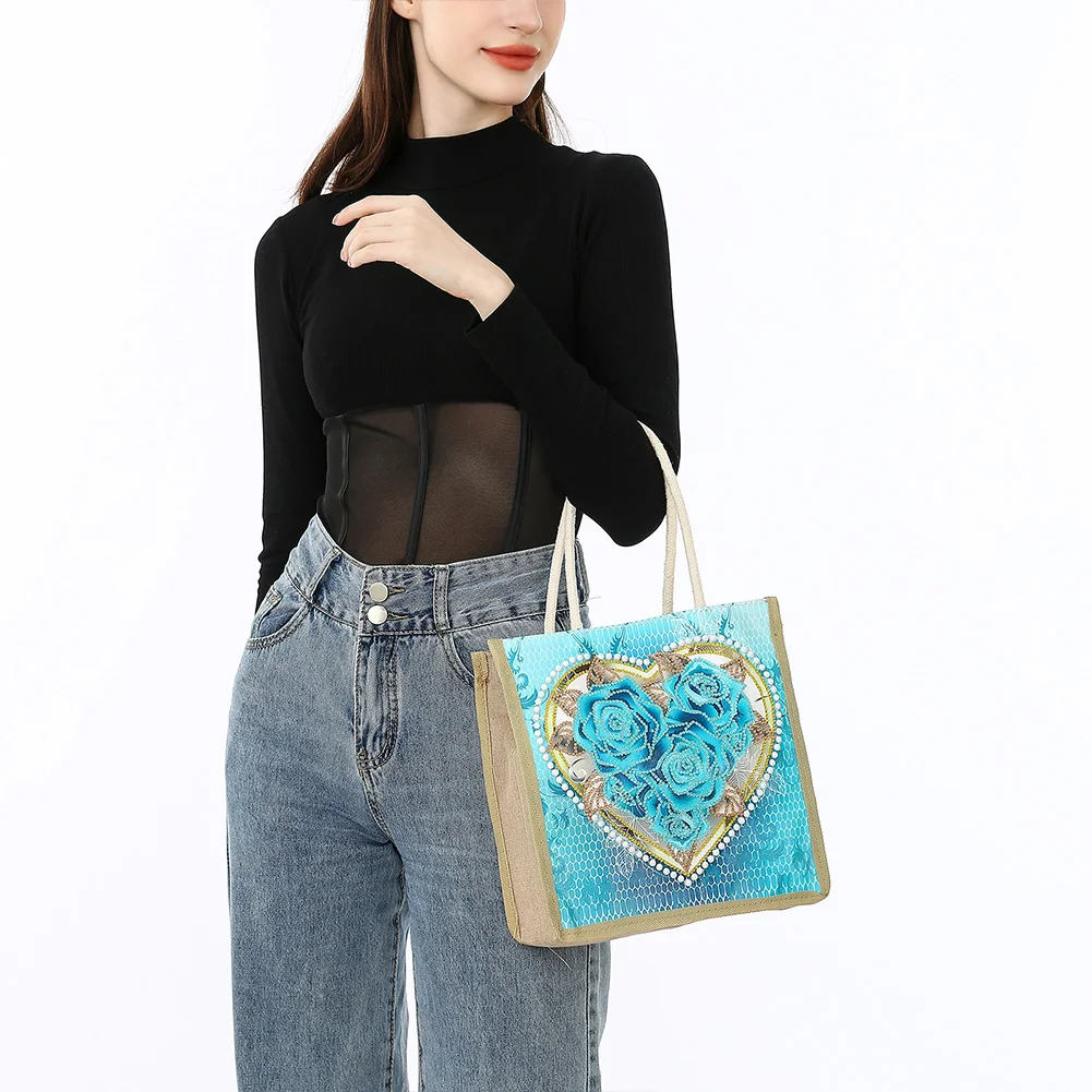Rose Heart Diamond Painting Handbag DIY Linen Shopping Tote Bag