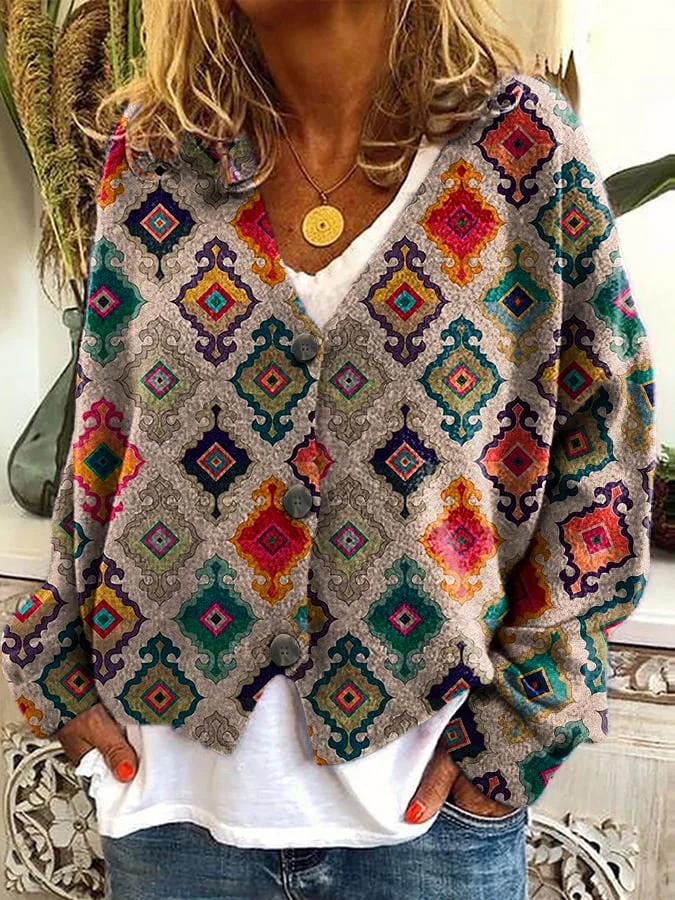 Women's Western Geometric Print Plush Cardigan