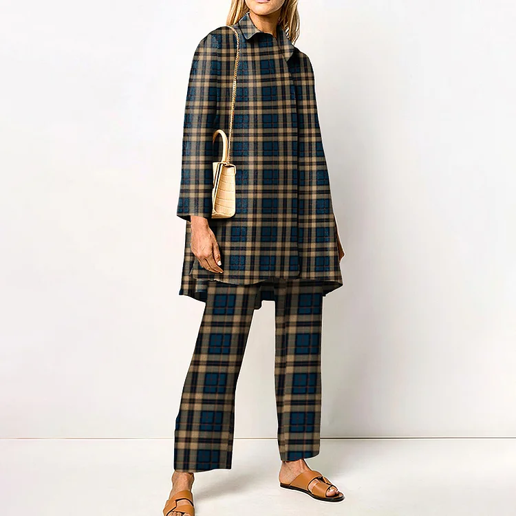 Colorblock Plaid Print Long Sleeve Two Piece Set