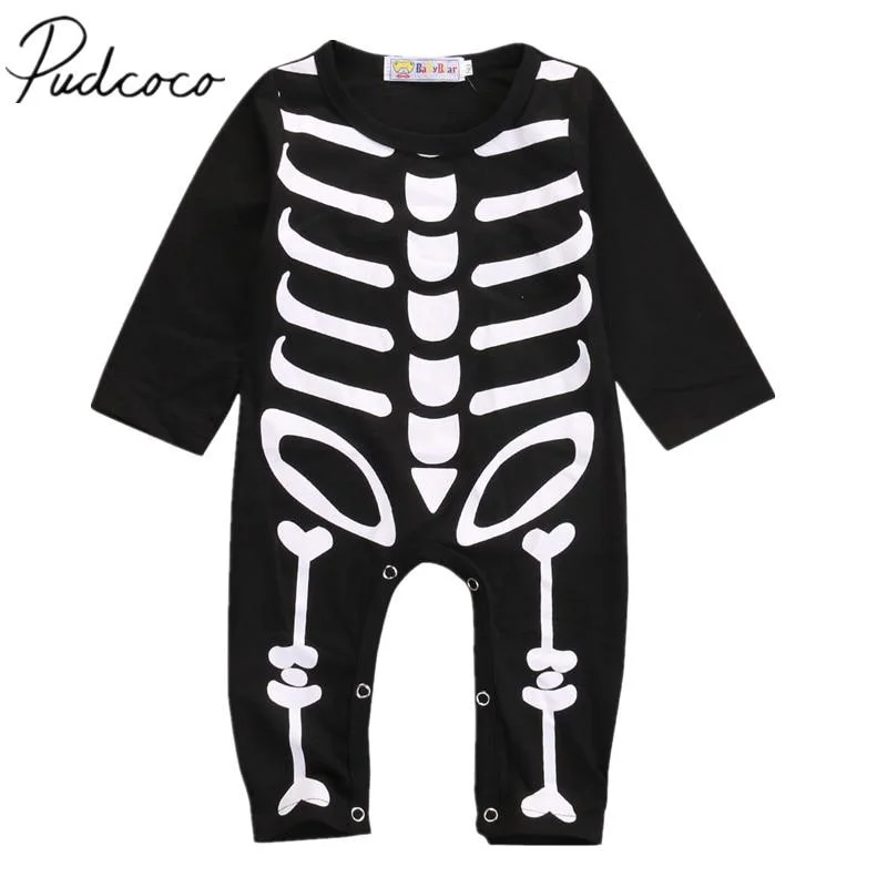 2018 Brand New Newborn Baby Boy Girl Halloween Rompers Long Sleeve Black Cotton Jumpsuits Skull Playsuit Novelty Outfit 0-24M