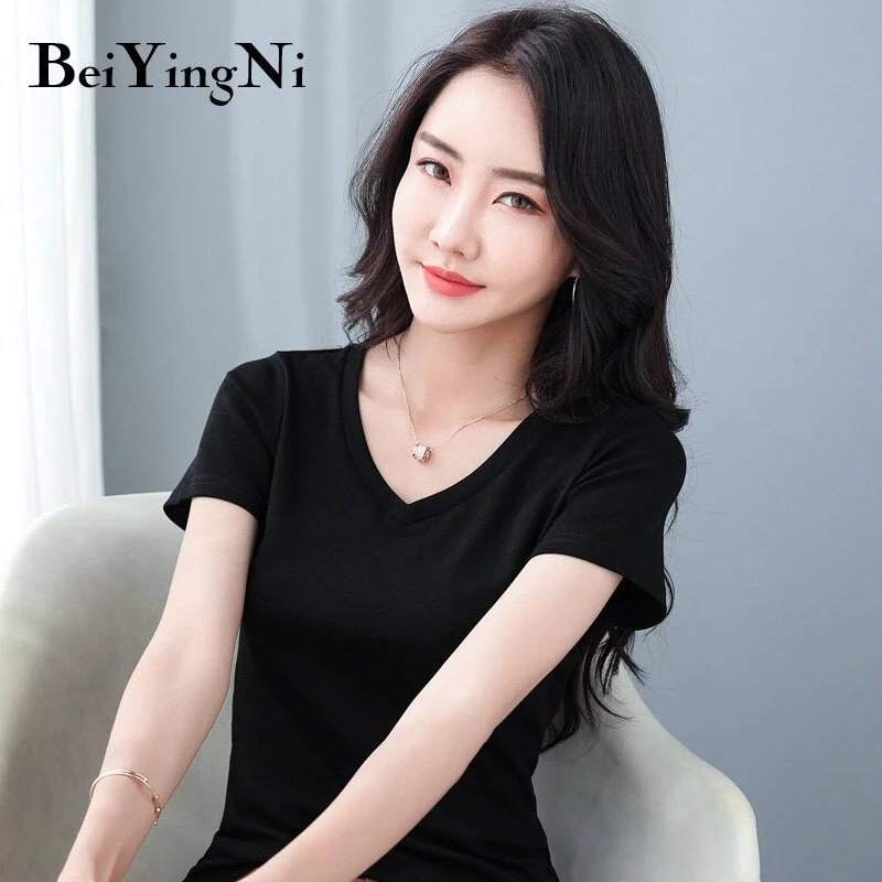 Beiyingni Cotton V-neck Tshirt Female Korean Hipster Basic Short Sleeve T-shirt Women Harajuku Casual Vintage Tee Shirts S-5XL