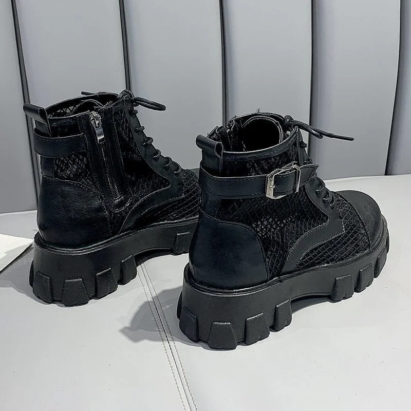 Classic Women Thick Bottom Black Mesh Summer Boots Round Toe Zipper Lace Up Platform Shoes Woman High Heels Ankle Botas