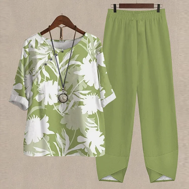 VChics Casual Plant Leaf Print T-Shirt Two Piece Set