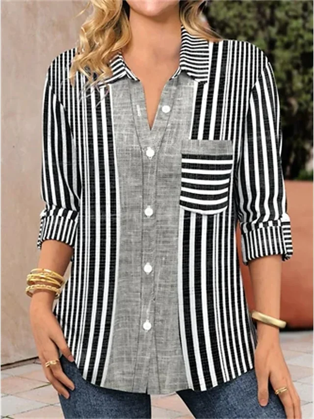 Women's Shirt Blouse Black Striped Button Pocket Long Sleeve Casual Basic Shirt Collar socialshop