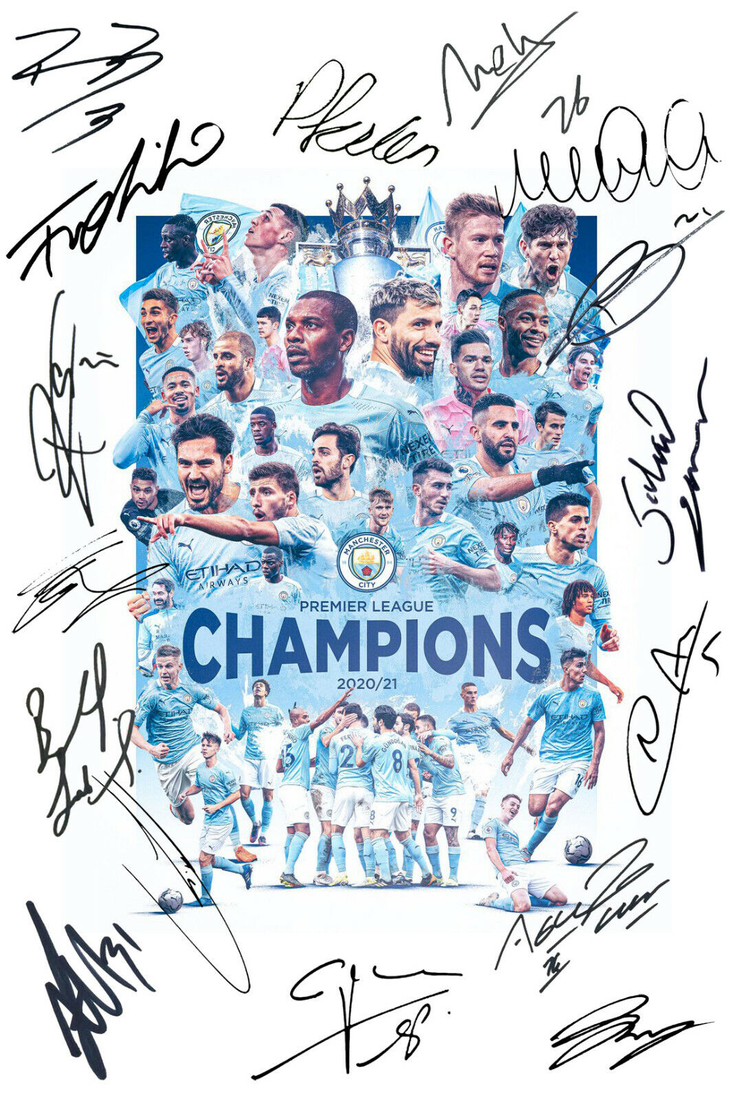 Manchester City 2020/21 CHAMPIONS Squad Signed A4 Photo Poster painting Print Team Aguero Foden