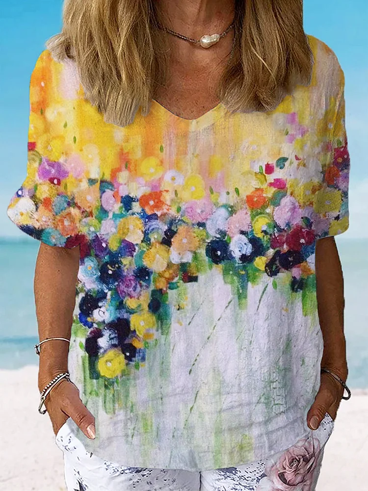 Women's Watercolor Flower Art Print Casual Cotton And Linen Shirt