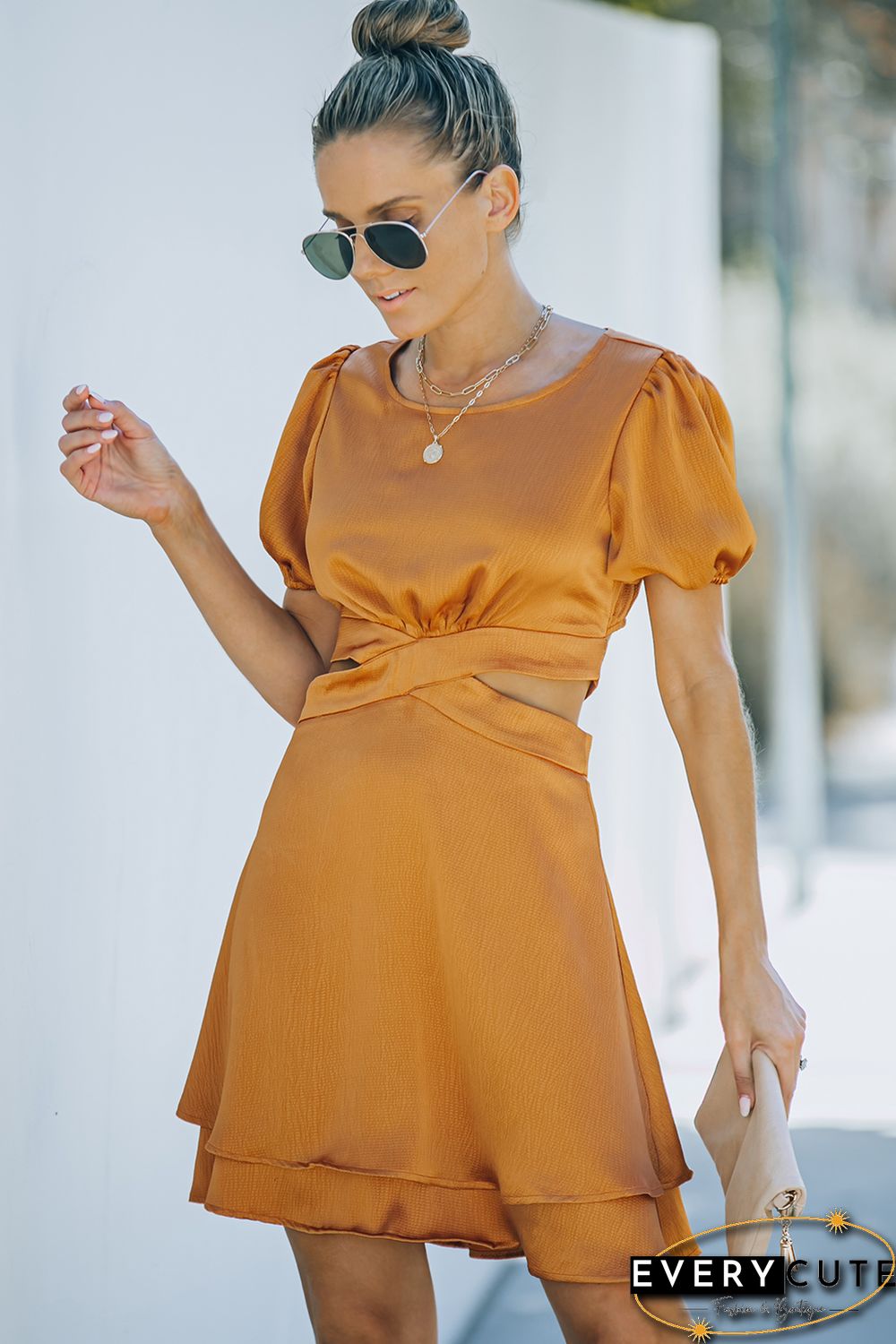 Yellow Crossover Waist Cut out Tie up Layered A line Dress