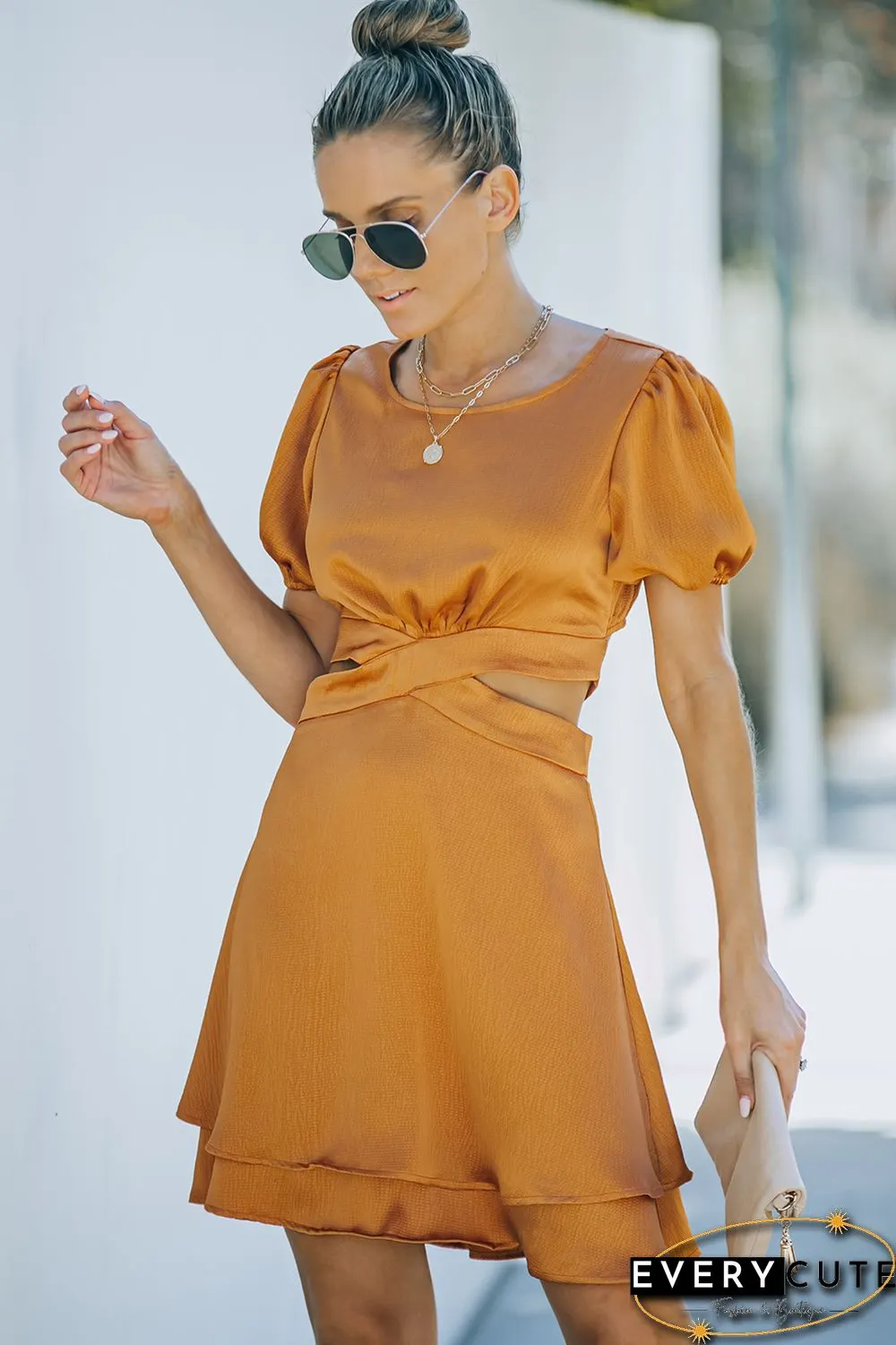 Yellow Crossover Waist Cut out Tie up Layered A line Dress