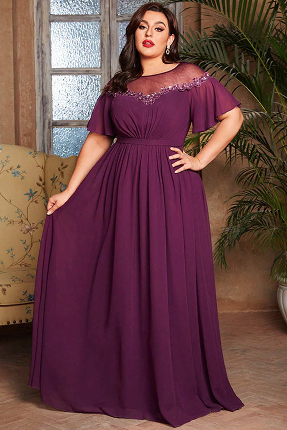 Plus Size Formal Dark Purple Chiffon Mesh Sequin Flutter Sleeve Maxi Dress 2024 - Flycurvy 