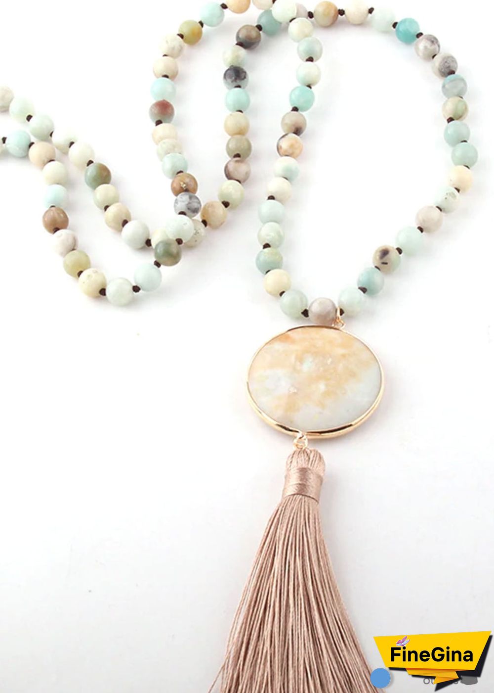 Boho Necklace, RH Amazonite Jasper, Circle Tassel Green White Natural Stone