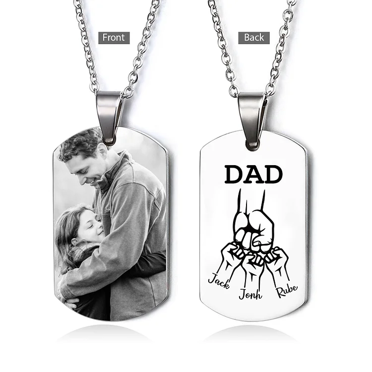 4 Names-Personalized Dad Photo Fist Stainless Steel Necklace-Custom Names and Photo Necklace for Father/Grandad