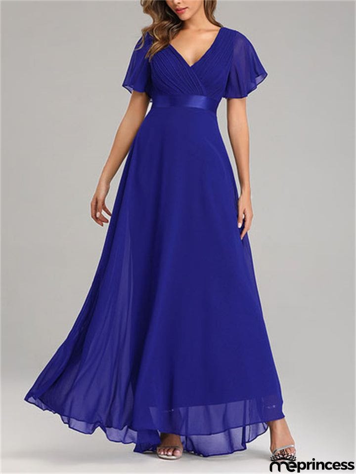 New Elegant V-Neck Ruffles Chiffon Formal Evening Gown Maxi Dresses