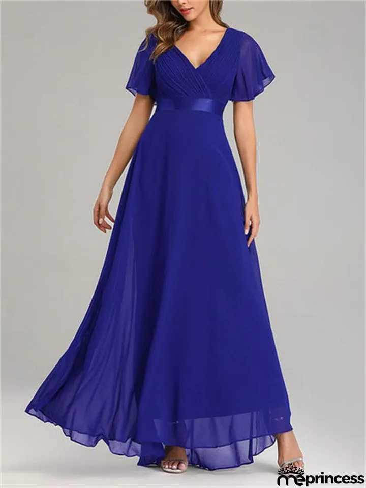 New Elegant V-Neck Ruffles Chiffon Formal Evening Gown Maxi Dresses