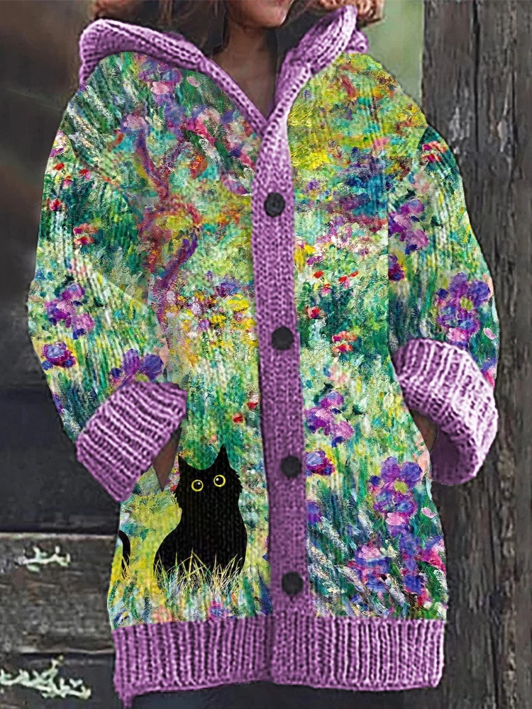 VChics Oil Painting Irises Garden Cat Cozy Knit Hooded Cardigan