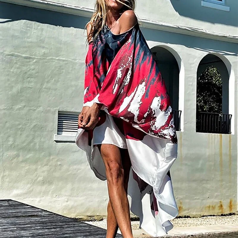 Sexy Off Shoulder Summer Casual Beach Dress Women Diagonal Collar Lion Printing Swimwear Female Cover Up Loose Party Dress 2021