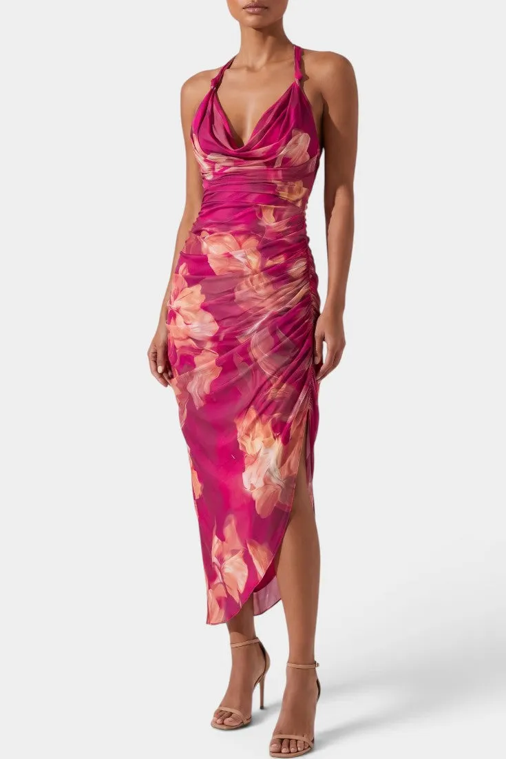 draped halter midi dress with floral motif