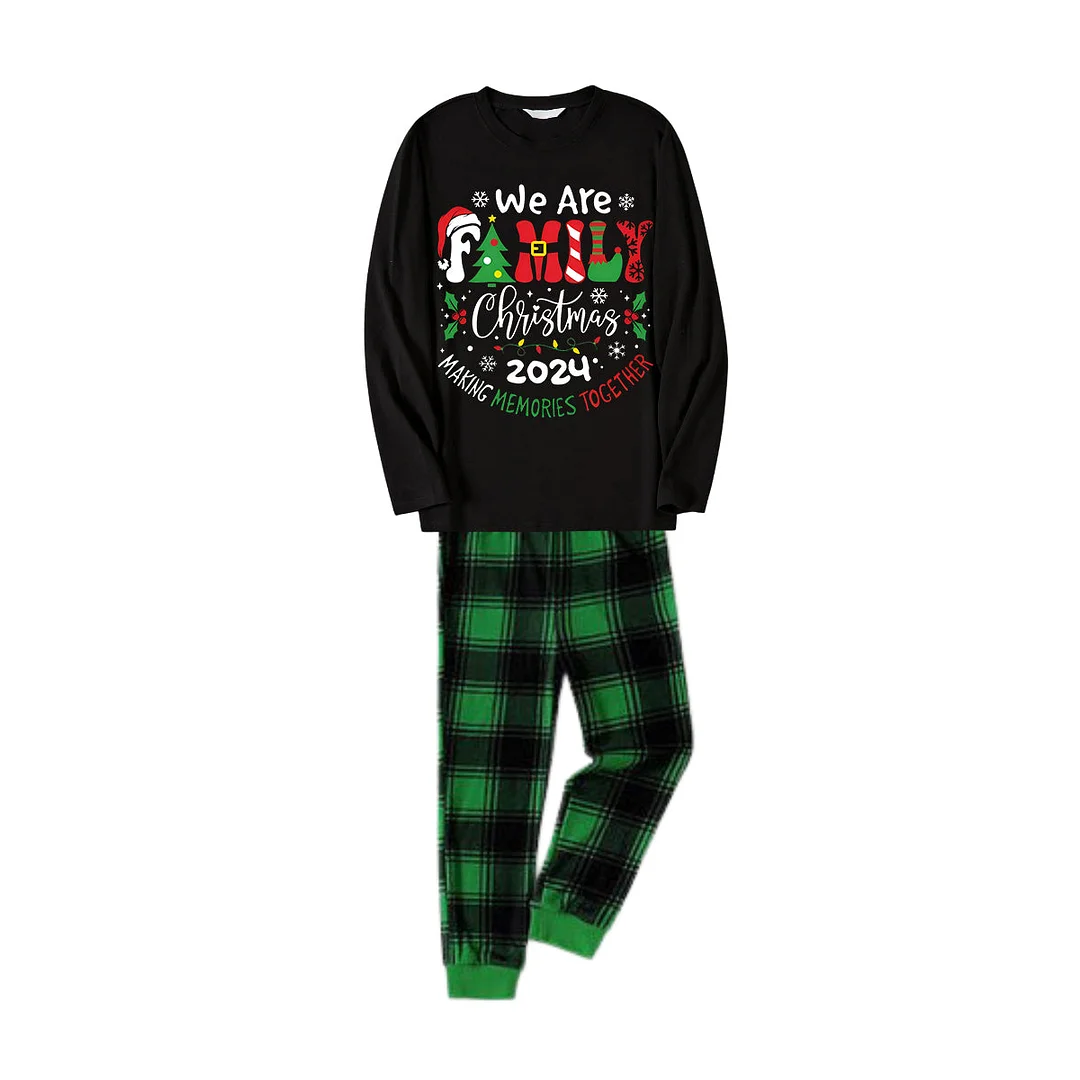 "We are Family" 2024 Christmas Wreath - Black Long Sleeve Top with Black And Green Plaid Pants Family Matching Pajamas