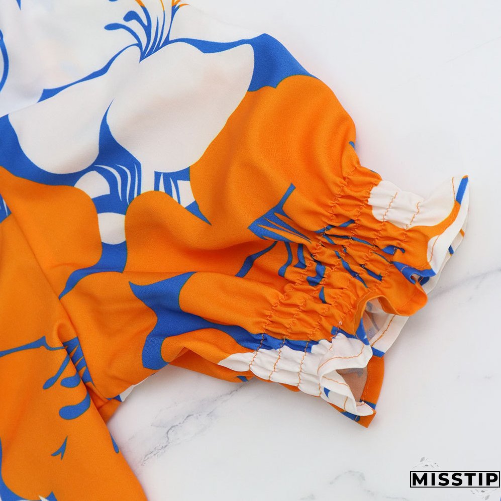 Women Elegant Printed V-Neck Puff Sleeve Patchwork Maxi Dress