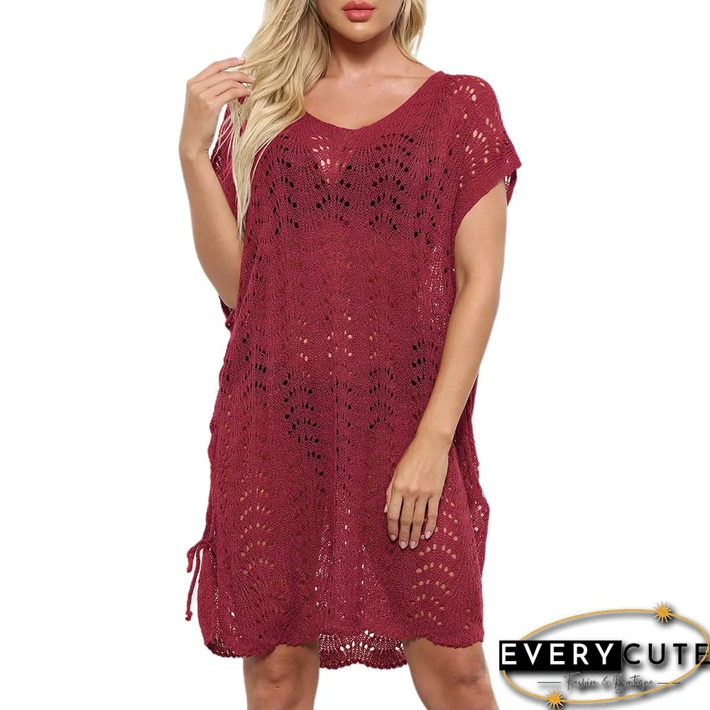 Burgundy Side Lace-up Hollow-out Beach Cover