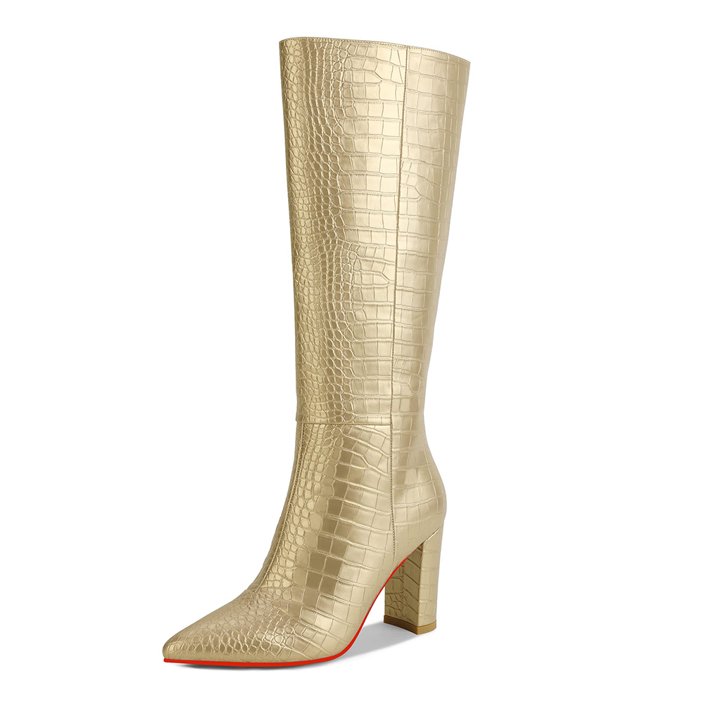 95mm/3.75 inch Women's Knee High Boots Thick Faux Alligator Boots Thick Heel Pointed Toe Red Bottom Boots