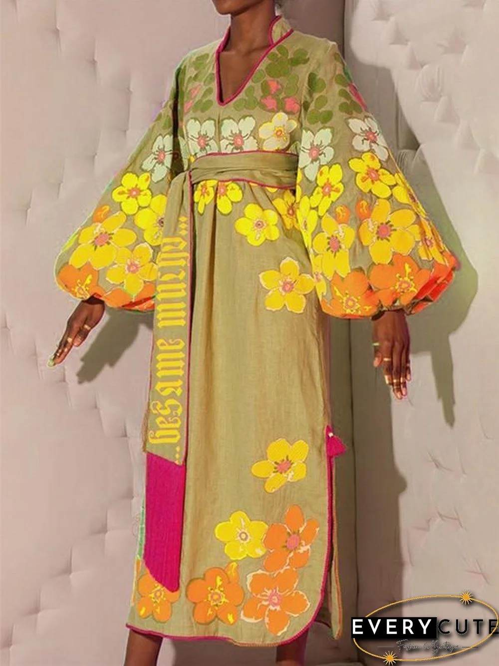 Women Baggy Sleeve Printed Green V-Neck Dress