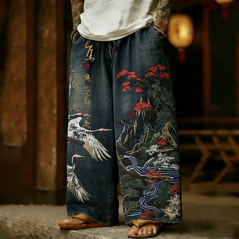 Men's Retro Japanese Crane With Landscape Art Linen Pants  artssus