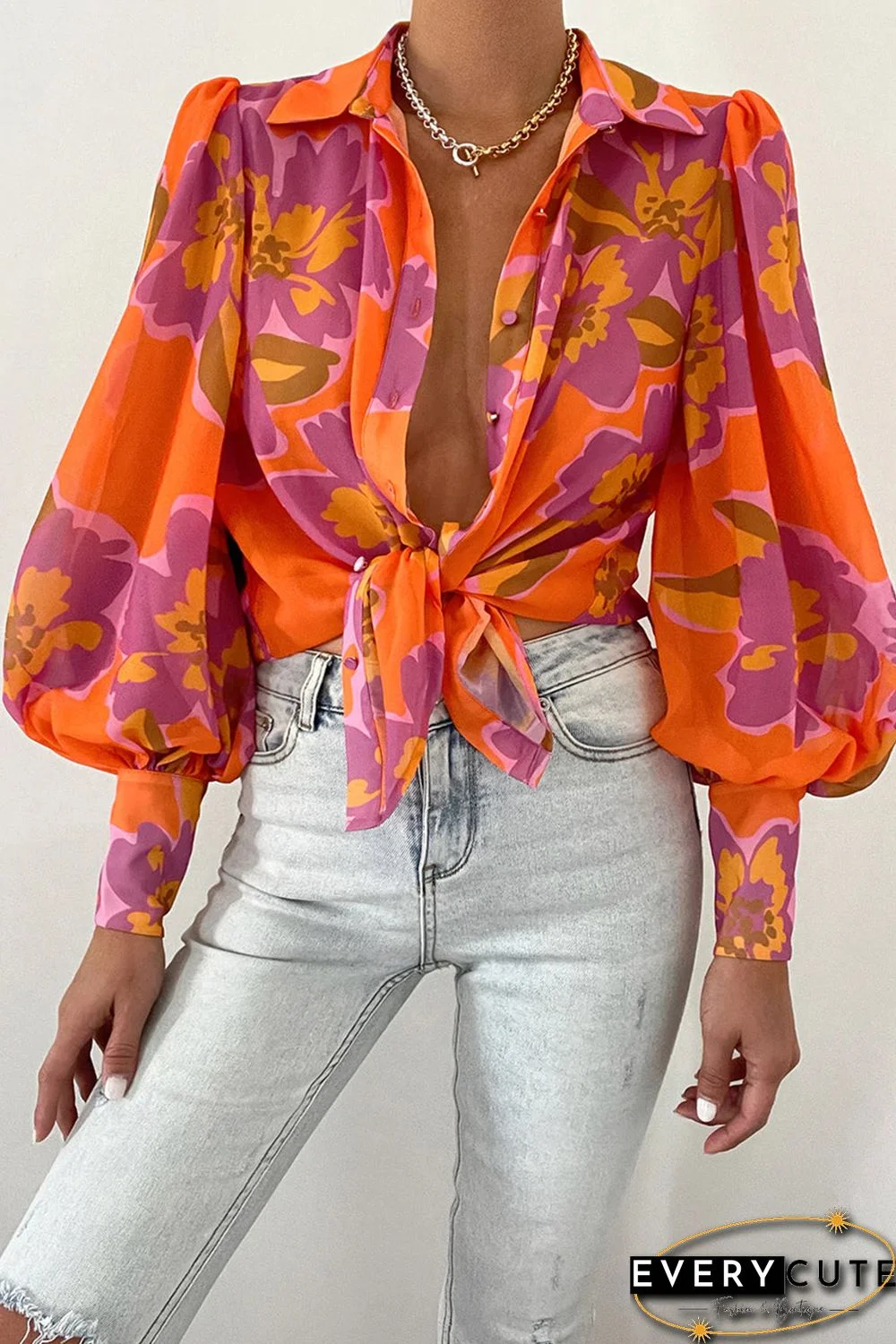 Orange Floral Print Lantern Sleeve Shirt