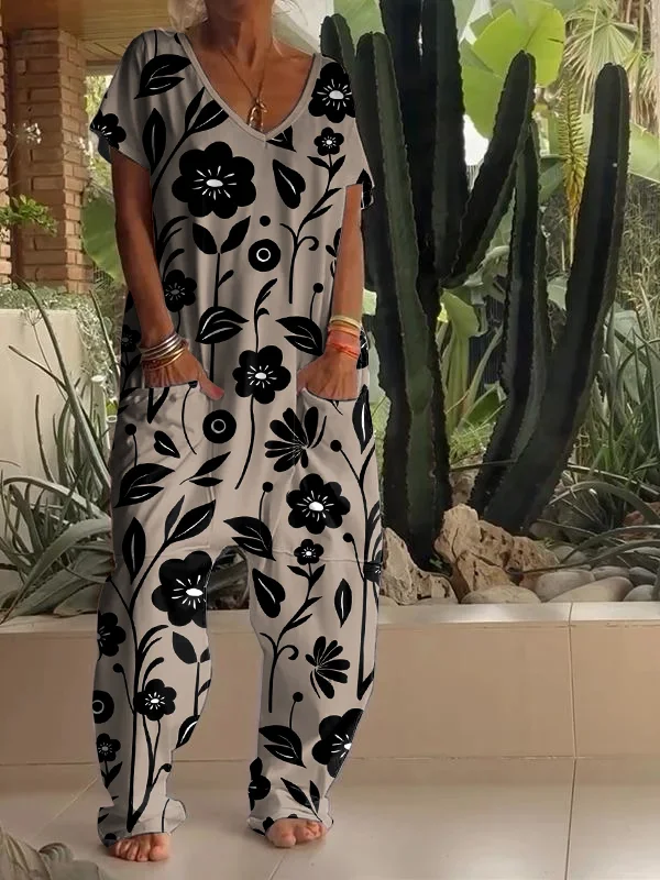 Casual Floral Print V-neck Jumpsuit