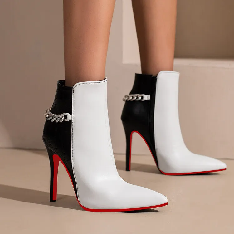 100mm/120mm Women Printed Patchwork Pointed Toe Metal Chains Stiletto Red Bottom Boots-vocosishoes