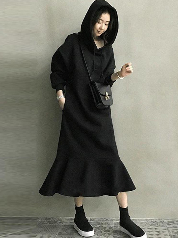 Simple Solid Color Loose-Fitting Hoodie Dress