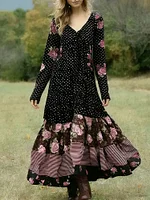 Women's Retro Polka Dot And Rose Floral Pattern Casual Linen V-neck Dress