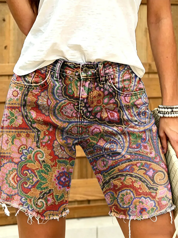 Women's Retro Hippie Ethnic Floral Art Print Fashion Denim Shorts
