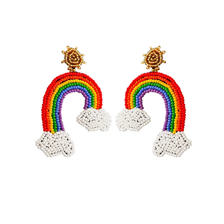 Vintage Handmade Arched Cloud Rainbow Rice Bead Earrings - yankia