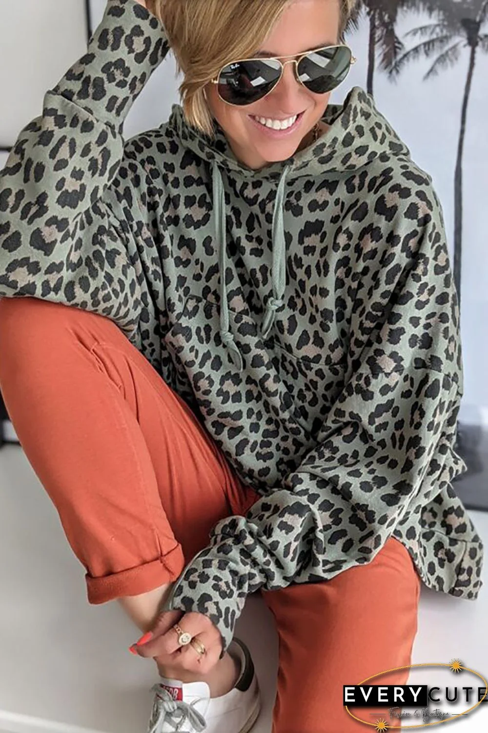 Green Leopard Print Long Sleeve Pullover Hoodie