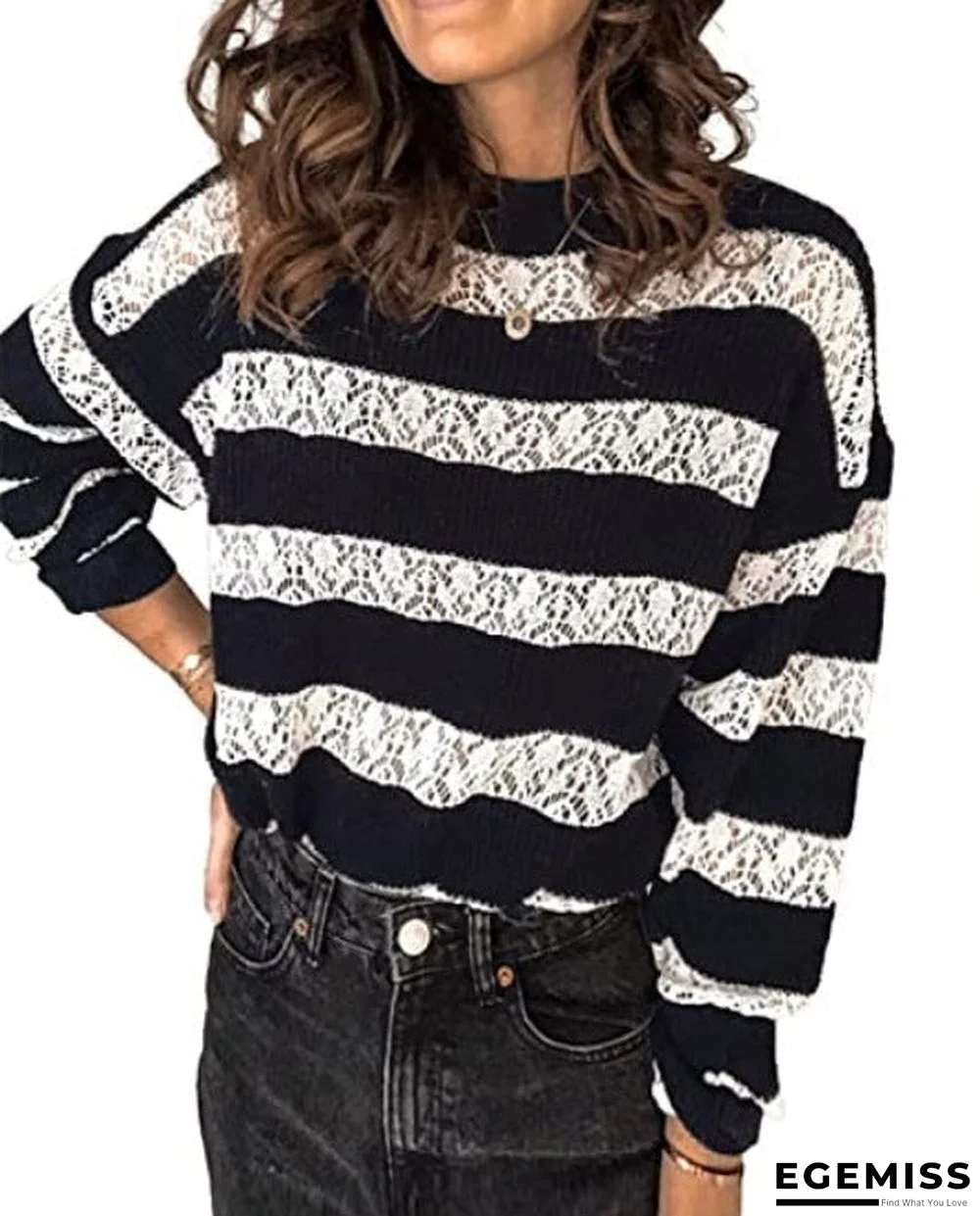 Asymmetric Color Matching Stripe Pullover Long Sleeve Hollow Round Neck Knitted Sweater | EGEMISS