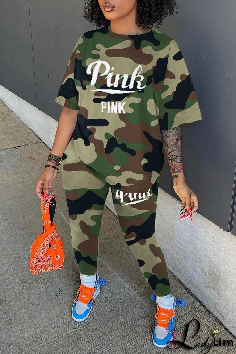 Light Brown Casual Print Camouflage Print Patchwork O Neck Short Sleeve Two Pieces