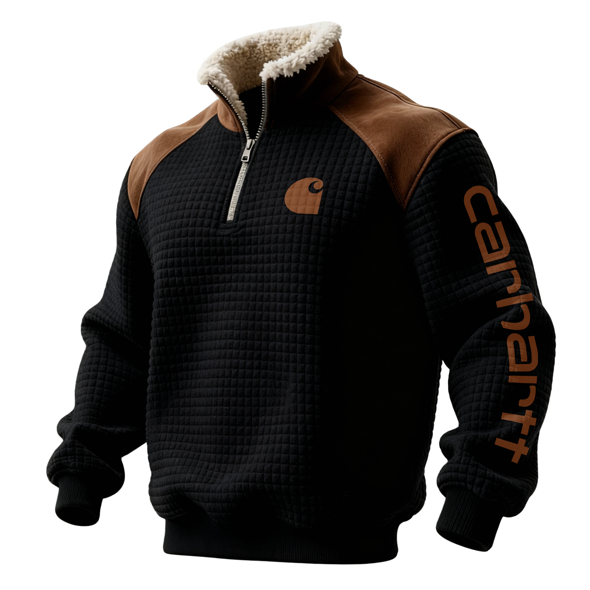 Men's Retro Western Waffle Panel Suede Stand Collar Sweatshirt