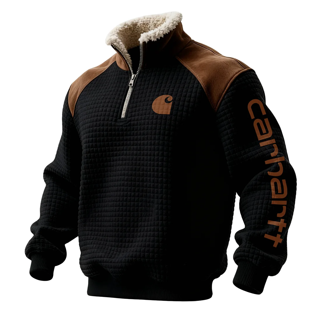 Men's Retro Western Waffle Panel Suede Stand Collar Sweatshirt