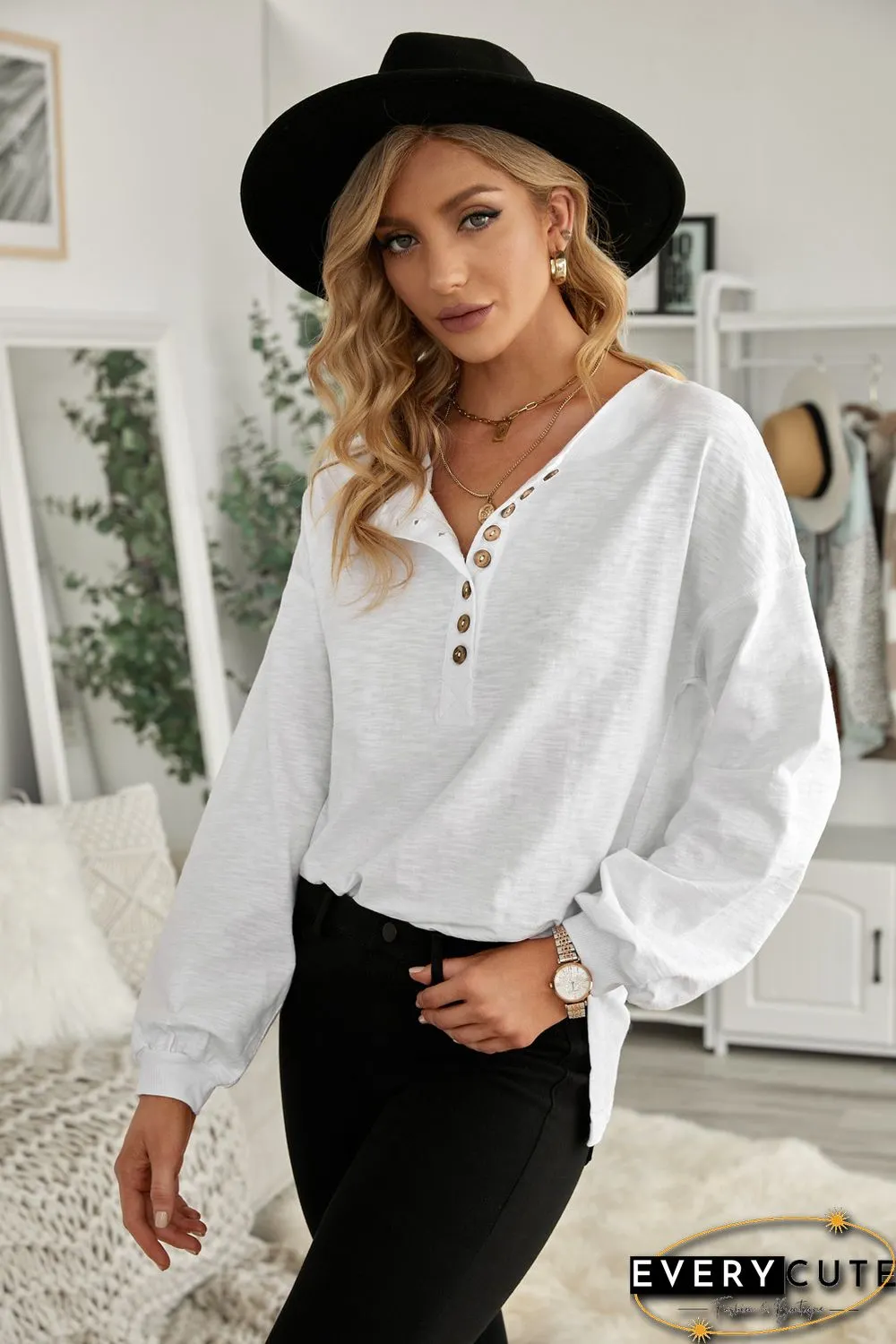 White Solid Color Buttoned Front Long Sleeve Top