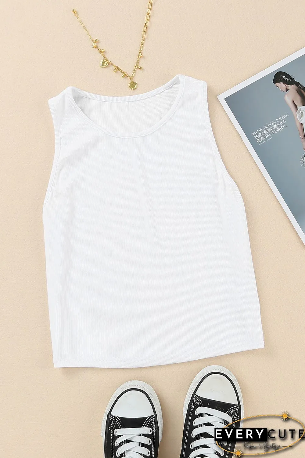White Rib Knit Crew Neck Sleeveless Crop Top