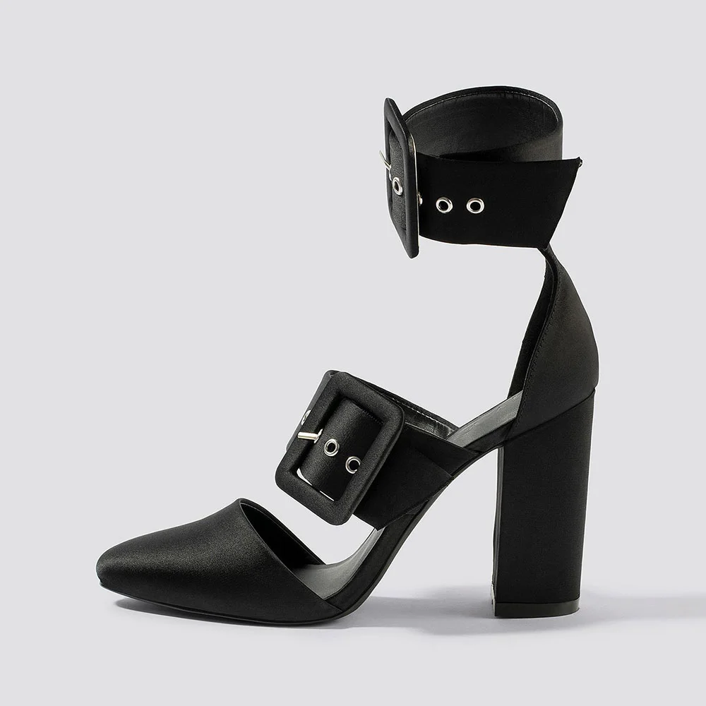 YDN Stylish Black Satin Almond Toe Buckle Strap Chunky Heels