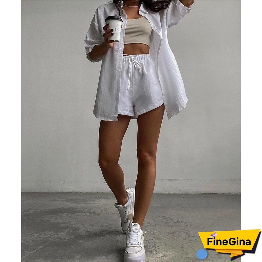 Summer Casual Tracksuit Women's Shorts Suits Green Streetwear Short Sleeve Shirt Tops Loose Drawstring Mini Shorts Two Piece Set